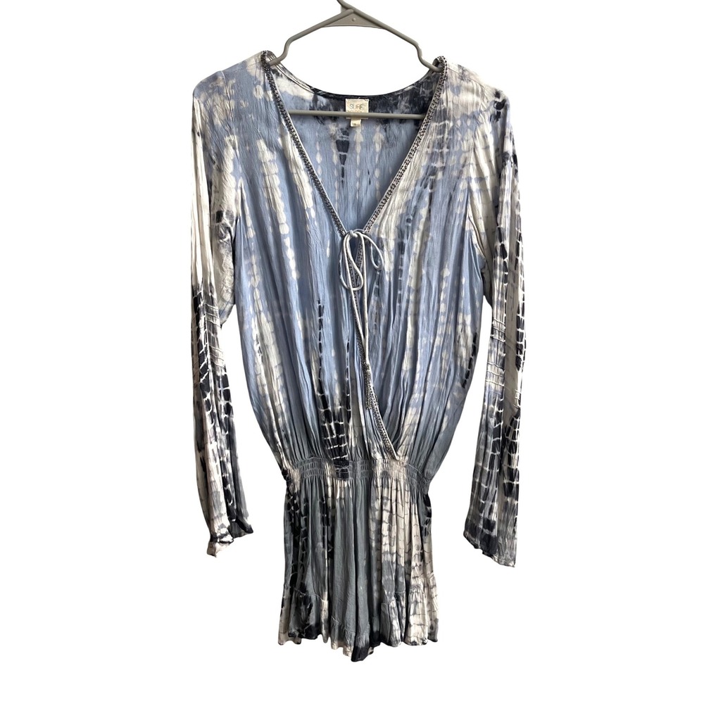 Surf Gypsy Romper Womens Small Blue Tie Dye Boho Beaded V-Neck Smocked Waist